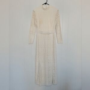Vintage Lace Maxi Dress Victorian Bridal Antique Ivory Belted Doily Used Worn SM